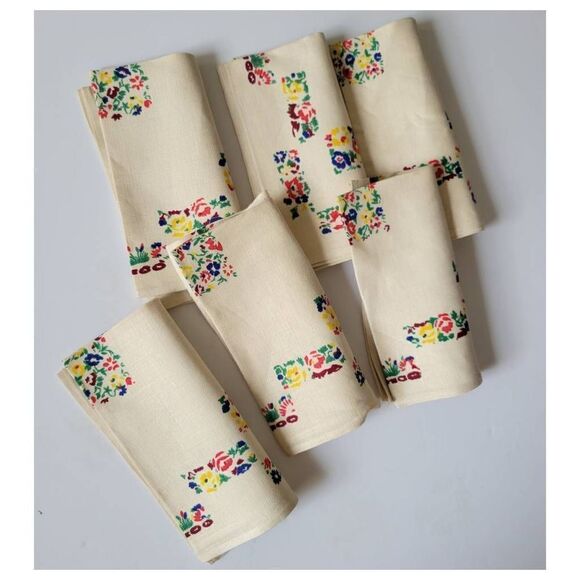 Vintage 1940's Deadstock Floral Printed Linen Napkin Set of Six - Picture 1 of 5